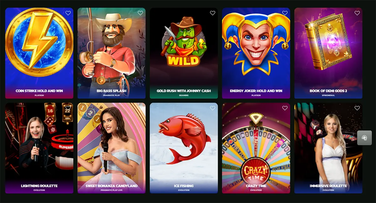 Dark-themed casino game lobby showing a grid of slot and live game tiles—Coin Strike, Big Bass Splash, Energy Joker, Book of Demi Gods 2, and live titles like Lightning Roulette, Crazy Time, and Sweet Bonanza Candyland—with heart icons for favourites.