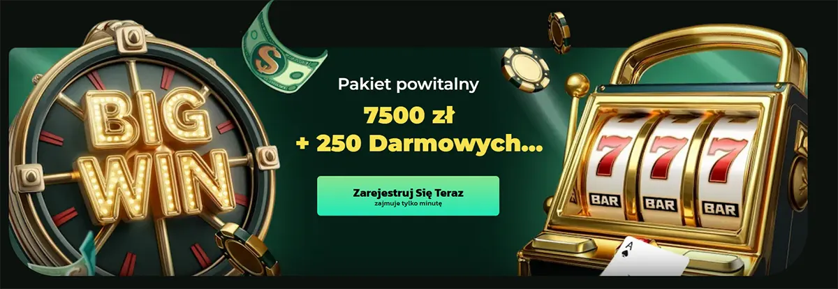 Promotional casino banner with a “Big Win” wheel, floating cash and chips, and a golden 777 slot machine, advertising a welcome package of 7500 zł plus 250 free spins with a green “Register now” button.