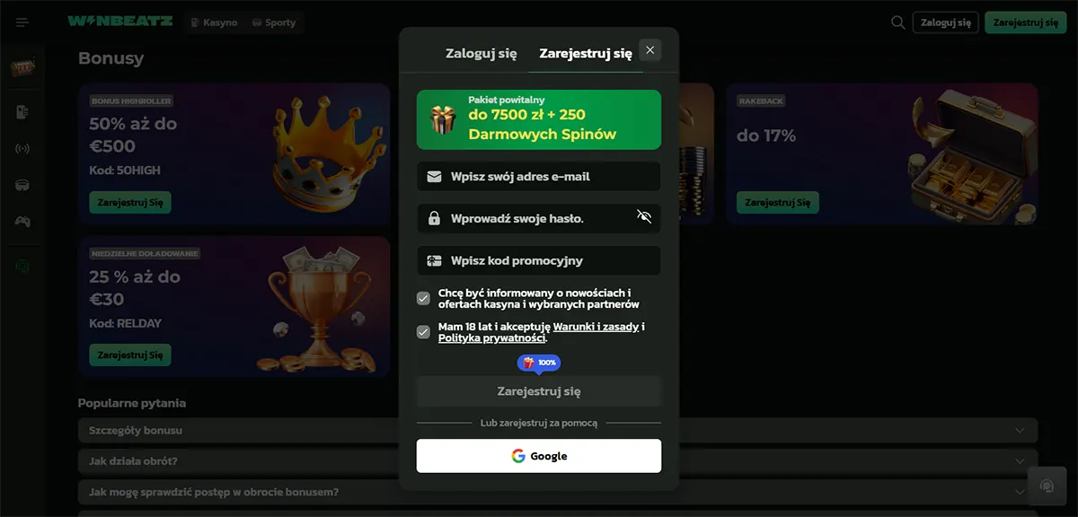 Polish casino sign-up popup showing a welcome package banner (up to 7500 zł + 250 free spins) with email, password and promo code fields plus a Google registration option over a dark bonuses page.